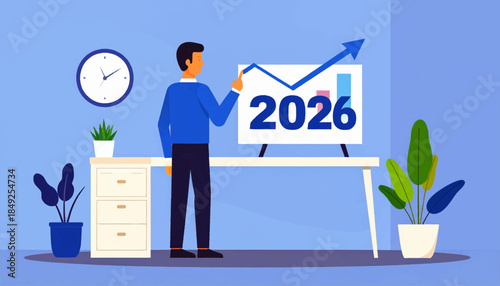 Cartoon of a man pointing to a graph with 2026 on it in a pale blue office