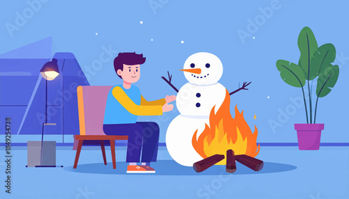 Cartoon scene of person sitting by snowman & fire with tent, lamp, & potted plant in flat vector style