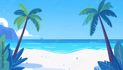 Cartoon beach palm trees, blue ocean, white sand, mountain background, stylized tropical vacation paradise, peaceful vibe
