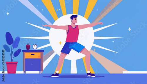 Cartoon of a man stretching in a room with a plant and bedside table against a stylized backdrop