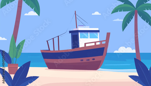 Cartoon beach scene with a grounded boat