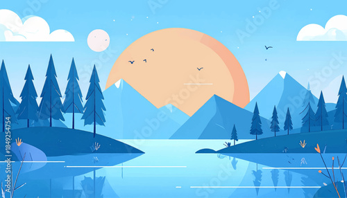 Blue-toned stylized landscape with mountains, trees, water, sun, birds, and clouds in a simplified, cartoon-like design