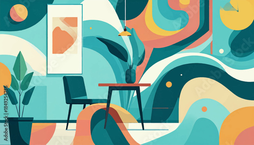 Abstract interior scene with chair, table, potted plant, wall art, and patterned backdrop in soft, muted tones