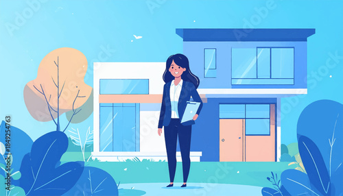 Cartoon of a woman in a suit standing in front of a house with leaves, trees, and a light blue sky