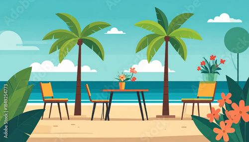 Cartoon beach scene with palms, table, chairs, flowers, and ocean view. Bright, simple shapes and sunny atmosphere