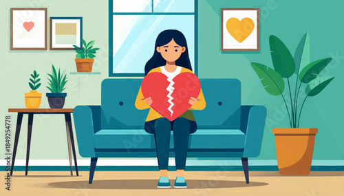 Cartoon of a woman sitting on a couch, holding a broken heart, in a room with plants and heart art