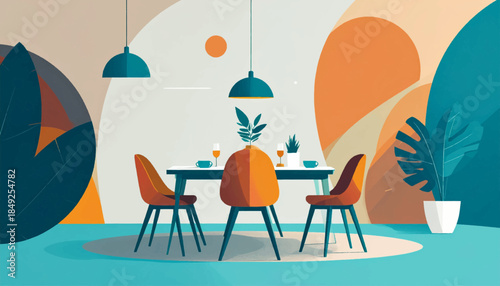 Abstract interior scene with table, chairs, plants, and minimalist artwork in a vibrant, flat illustration style
