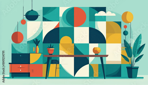 Abstract interior with geometric shapes, warm colors, featuring furniture, plants, against a pastel teal background