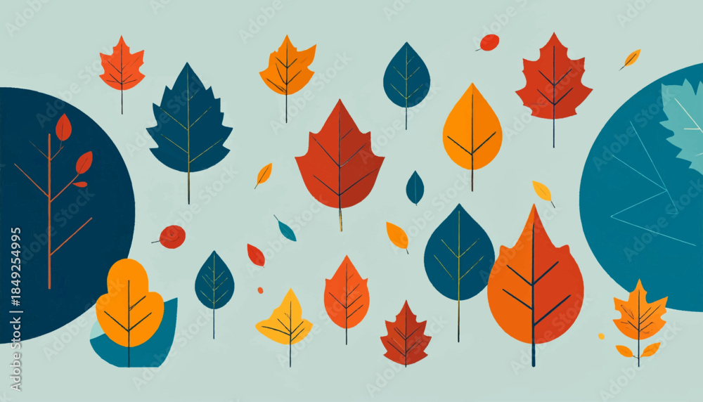 Fototapeta premium Colorful fallen autumn leaves on a light background with abstract graphic shapes of trees and shrubs