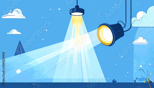 Cartoon scene with stage lights shining on a ground with clouds and stars in the night sky, blue backdrop