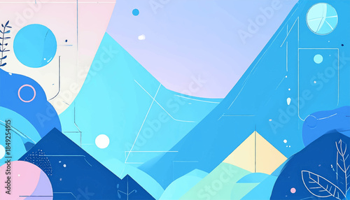 Abstract landscape in blues and pinks, with geometric shapes and minimalist line art elements creating a modern aesthetic