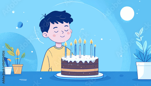 Cartoon boy with eyes closed in front of birthday cake, blowing out lit candles, with houseplants and blue background