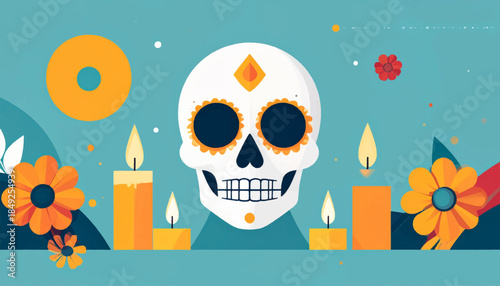 Colorful Day of the Dead illustration with sugar skull, candles, flowers on teal background