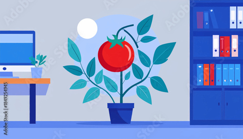 Cartoon office room with a tomato plant, desk, computer, bookshelf, and a soft, colorful palette