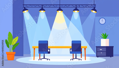 Cartoon office scene featuring a desk, chairs, plants, and spotlights in cool tones