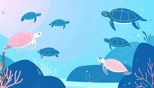 Cartoon sea scene with swimming turtles, coral, and blue backdrop, featuring varied sizes