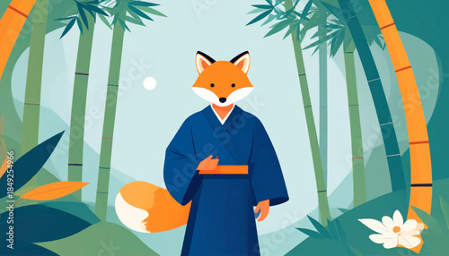 Artistic rendition of a fox in kimono, set against a backdrop of bamboo and foliage