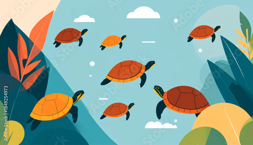 Cartoon sea turtles swim in blue water surrounded by leaves and clouds in a flat vector illustration