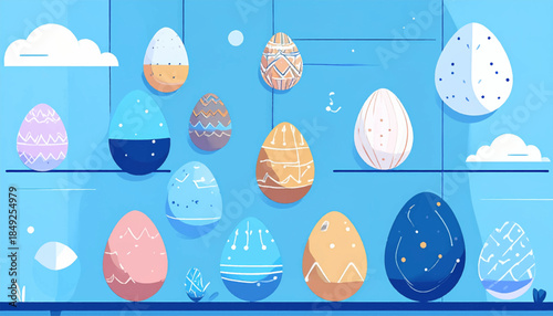 Colorful Easter eggs, decorated with various patterns, are arranged on a blue shelf against a light blue background