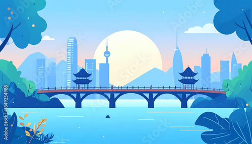 Artistic, stylized cityscape with bridge, traditional buildings, and modern skyscrapers, in cool blue tones