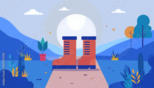 Colorful, graphic illustration of boots on a path, in nature, under a sky with the sun