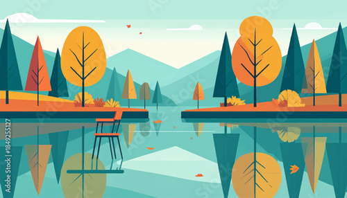 Abstract landscape with geometric trees reflected in a calm lake, a chair on a platform. Flat style art