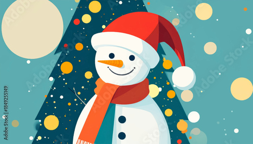 Cartoon snowman with a red hat and scarf in front of decorated Christmas tree on light blue background