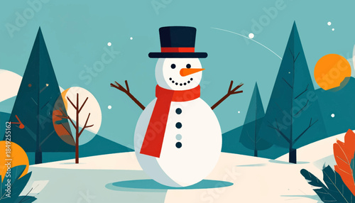 Cartoon snowman with a top hat and red scarf, amidst trees and snow in a flat design style