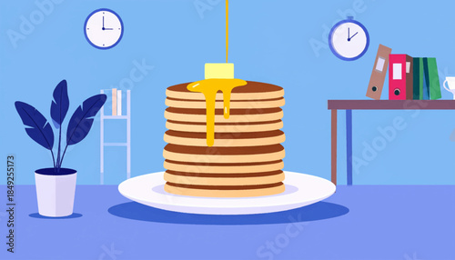 Cartoon stack of pancakes on a plate with syrup and butter in a blue office setting with plant and clocks