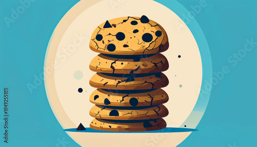 Cartoon stack of six chocolate chip cookies on light circle, against a flat blue background