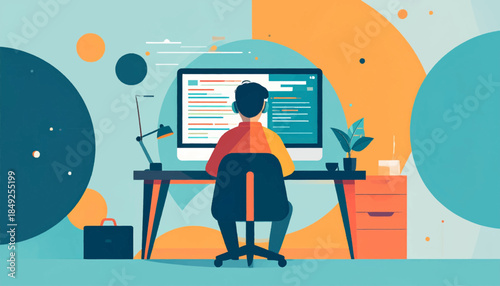 Back view of a person working on a computer at their desk with abstract circles in a bright, stylized workspace