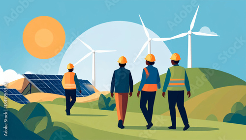 Engineers walk in a sunny, green, wind turbine and solar panel farm landscape, promoting clean energy solutions