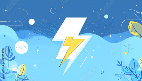 Energetic backdrop features a lightning bolt, stylized foliage, and celestial elements in calming blues