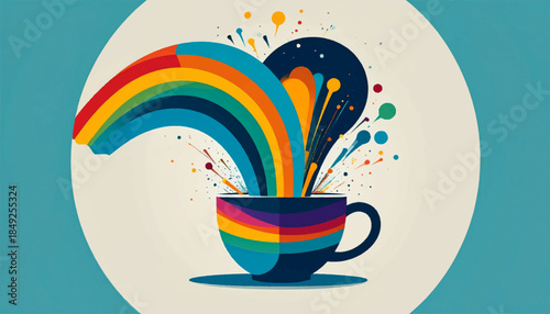 Colorful rainbow streams into a teacup with paint splatter effects, against a muted background