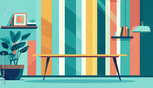 Colorful room interior with a desk, plant, shelves, and striped wall in a cartoon-like style