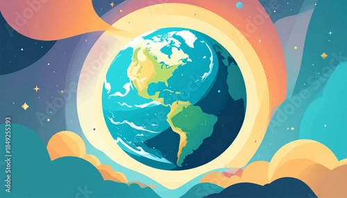 Colorful, stylized Earth with a warm, cosmic glow and fluffy clouds in the foreground