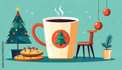 Festive scene with a large cup, a small Christmas tree and cookies on a blue backdrop, minimalist