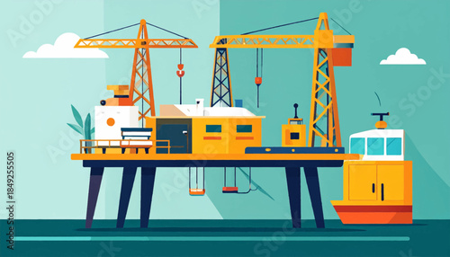 Colorful, stylized offshore oil platform with cranes, buildings, and a boat on a teal background