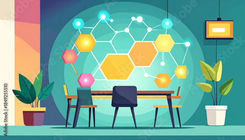 Colorful, stylized office space with geometric network, table, chairs, plants, and minimalist decor