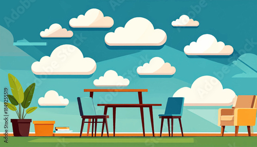 Cartoon style room with furniture table, chairs, couch, potted plant against a blue sky with clouds