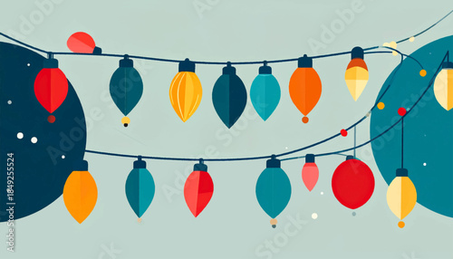 Festive string lights with bulb shapes in red, yellow, orange, teal, on a pale grey background with dark circles
