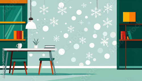 Festive workspace interior with a desk, chair, lamp, shelves, books, snowflakes on the wall in teal and green
