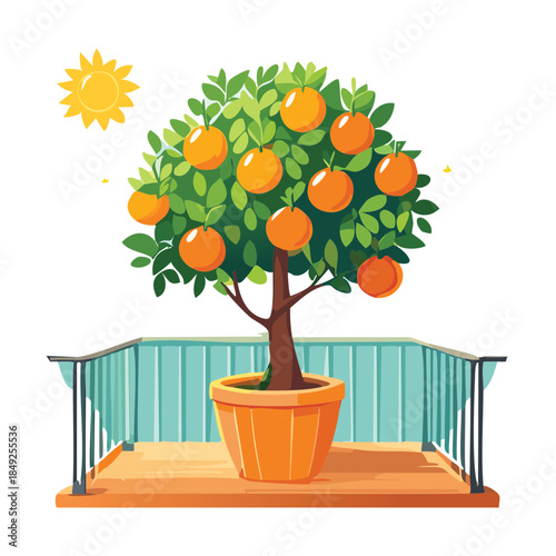 Small citrus orange tree in a pot under the bright sun for sustainable nature balcony gardening project
