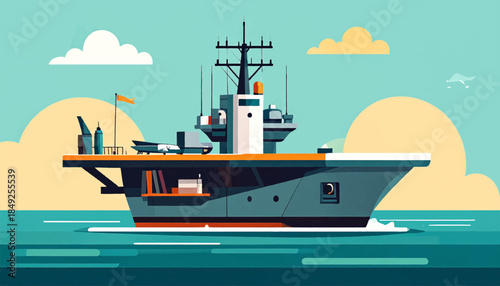 Flat illustration of an aircraft carrier on the sea, set against a sunny, stylized sky with clouds