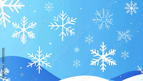 Festive winter scene with snowflakes and snow drifts on a blue gradient background