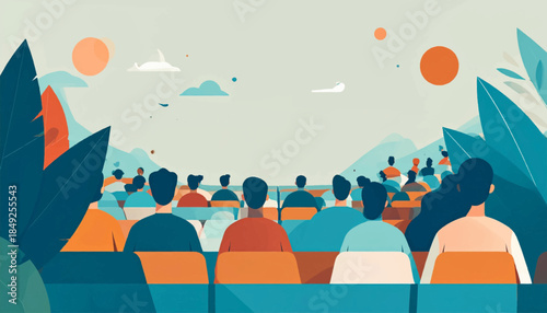 Flat illustration of an audience sitting in a lecture hall with nature, mountains, and colorful sky background