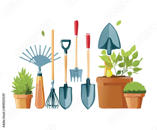 Collection of gardening hand tools and potted plants for backyard maintenance and organic nature planting hobby work