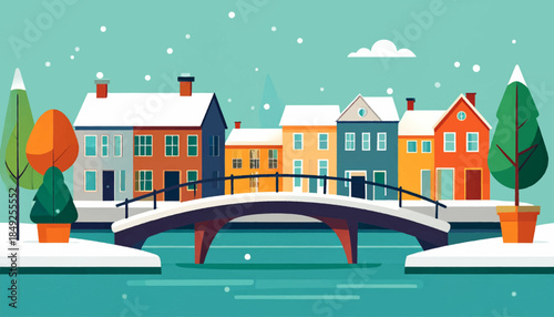 Colorful stylized winter townscape with bridge over water and falling snow