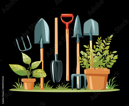 Professional gardening equipment and potted herbs including various green foliage plants