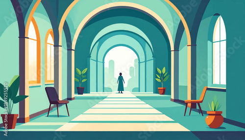 Figure in a long hallway with arches, windows, plants, chairs, and shadows, in cool tones